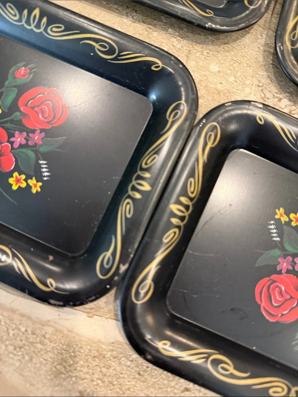 Small Vintage Black Floral Metal Serving Trays - Set of 4